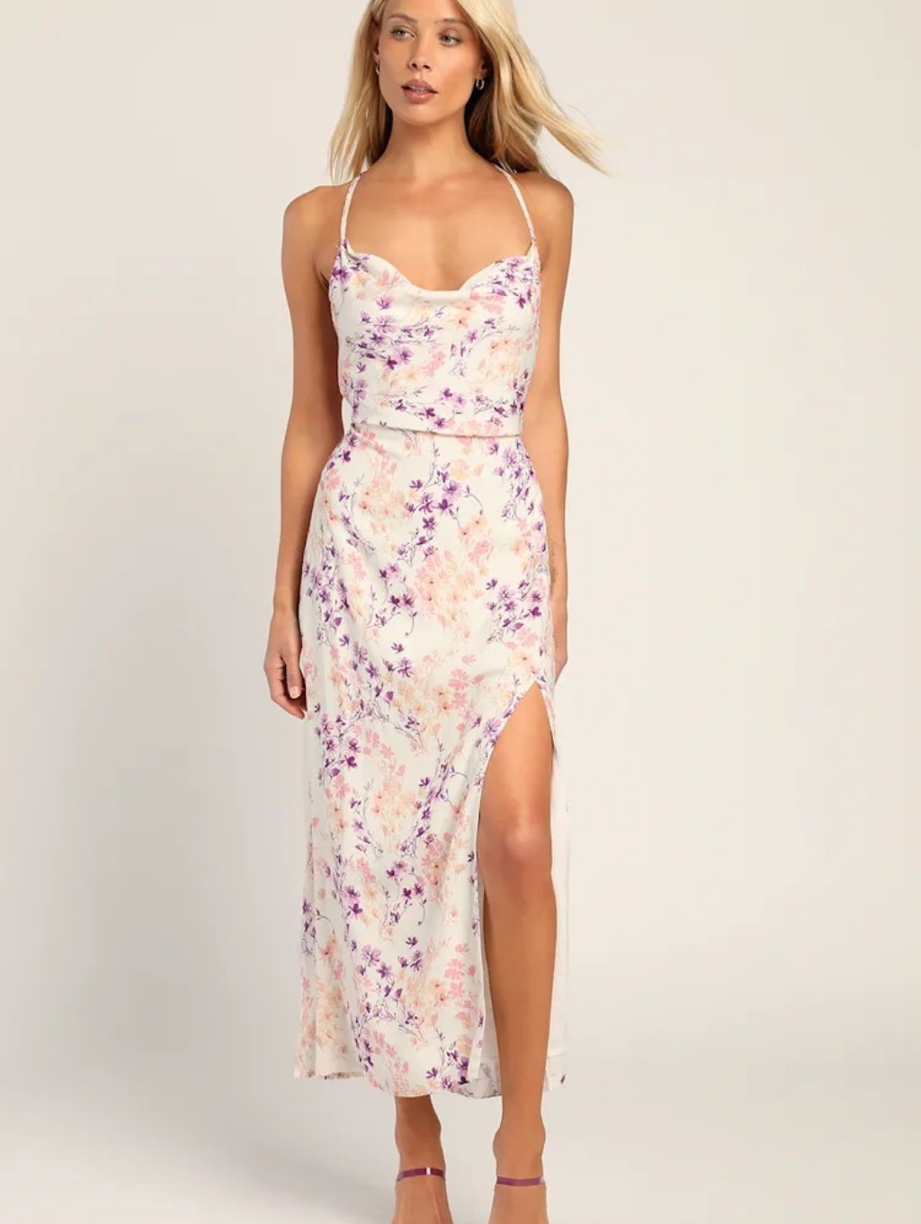 Nwot Loving The Look Ivory Floral Print Backless Cowl Maxi Dress